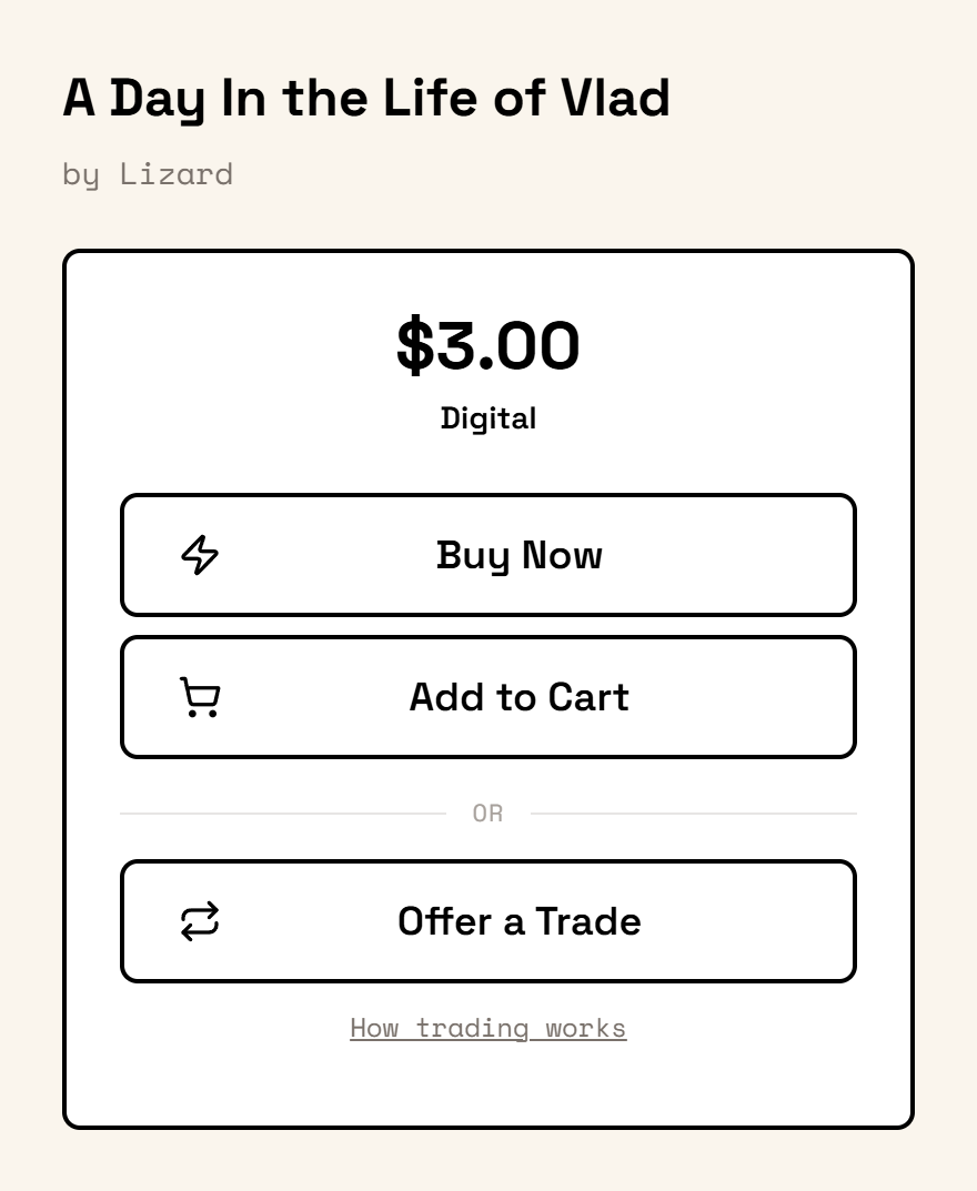 Example screen for A Day In the Life of Vlad, with the Offer a Trade button below Buy Now and Add to Cart.