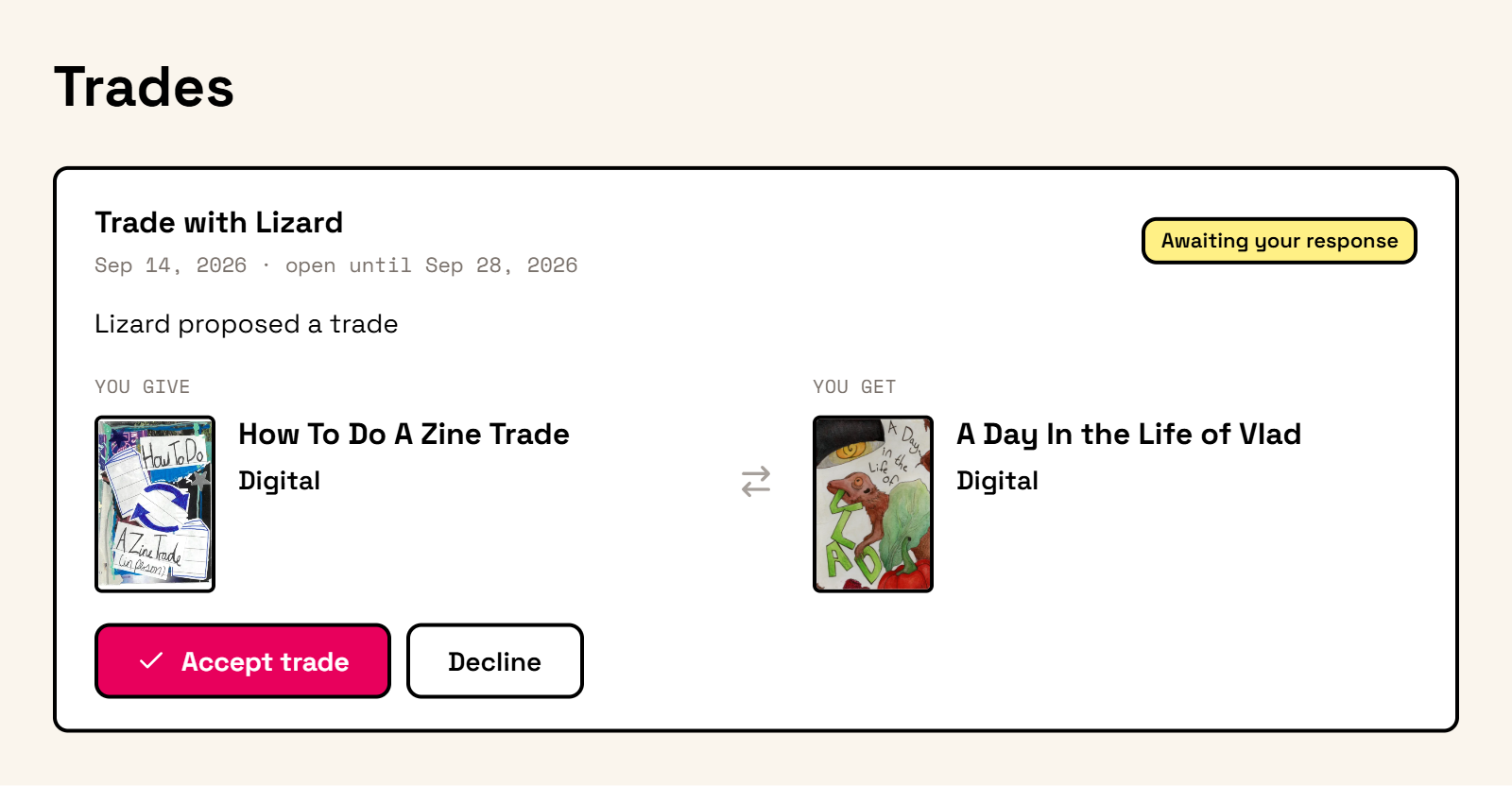 Example received offer on the Trades page, marked Awaiting your response, with Accept trade and Decline buttons.