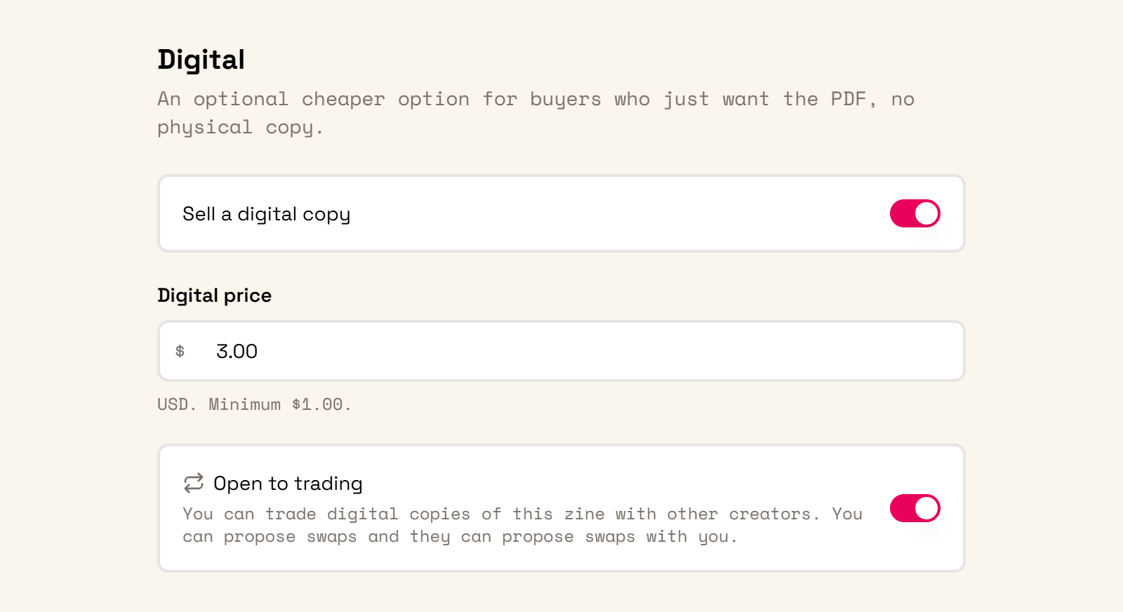 Digital pricing settings with the Open to trading switch enabled.